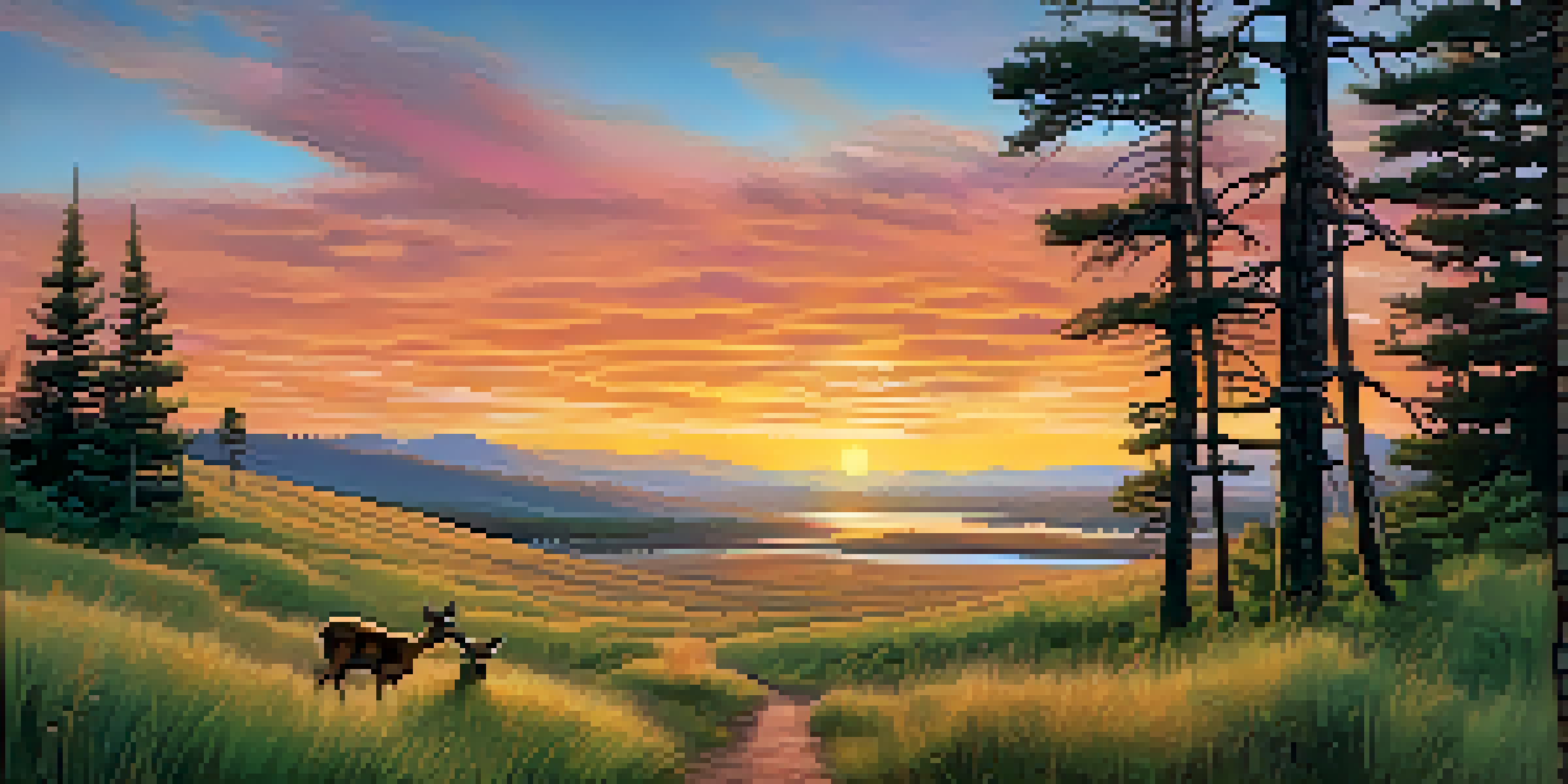 A beautiful sunrise over a Colorado Wildlife Management Area with green hills, deer, and a calm lake, surrounded by pine trees.