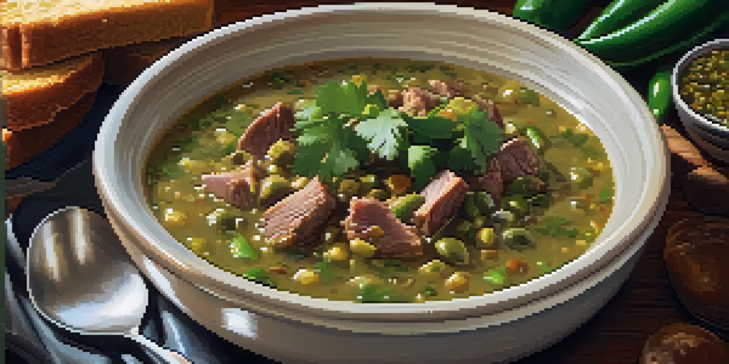A bowl of green chili with pork and green chilies, garnished with cilantro, next to a slice of cornbread.