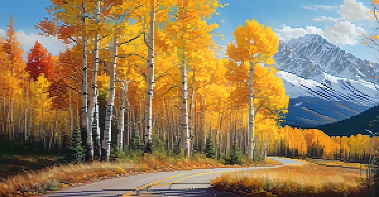 A scenic autumn view of Kebler Pass with golden aspen trees lining the road and majestic mountains in the background.