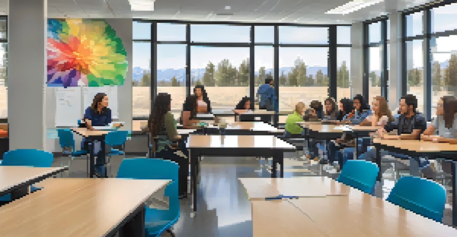 A bright and spacious classroom at a Colorado community college with students engaged in a group discussion, large windows, and colorful educational posters.