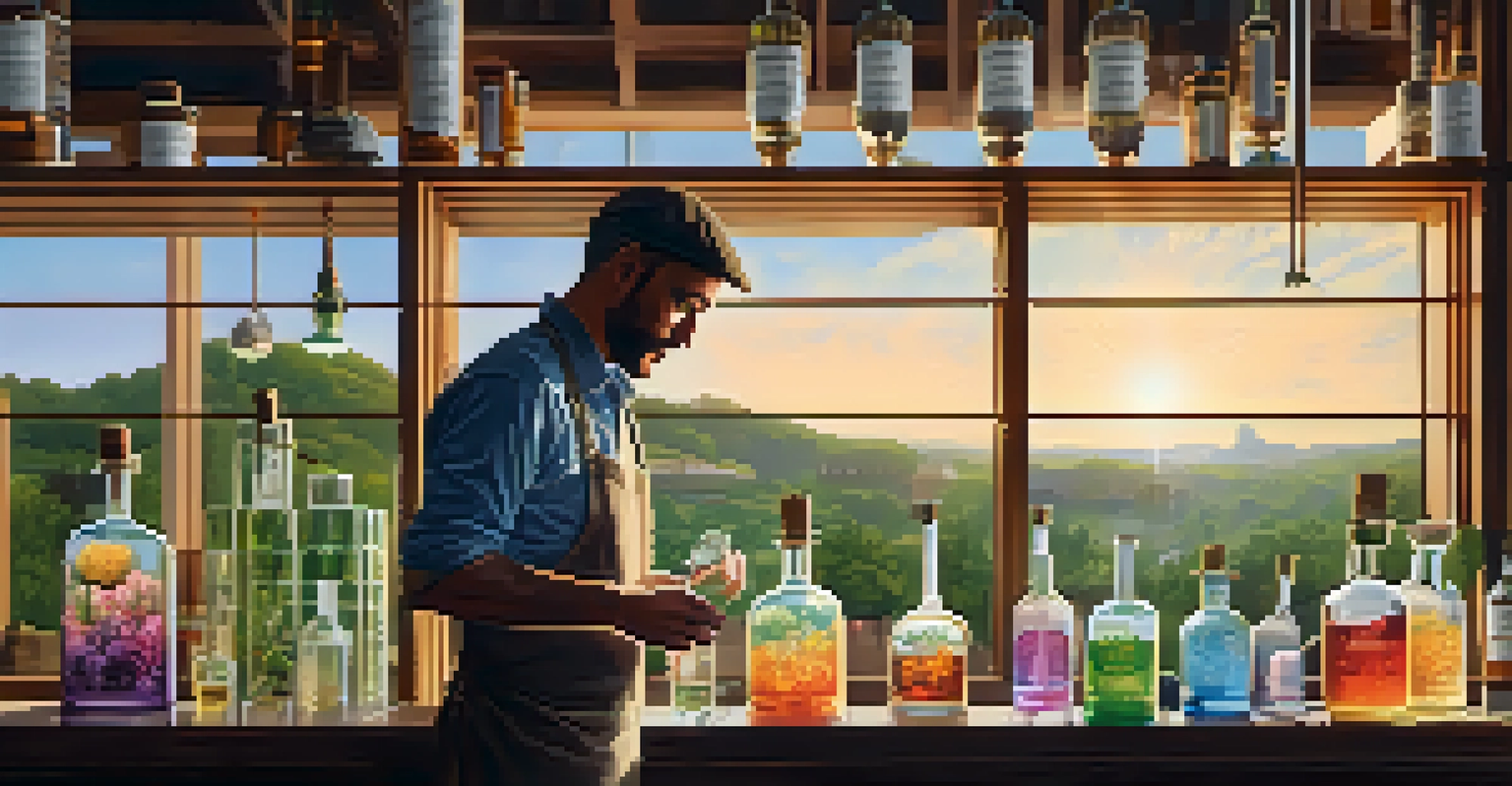 An artisan distiller pouring botanicals into a glass container in a bright distillery.