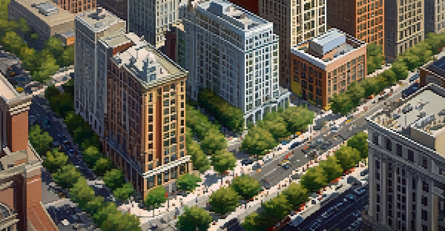 Aerial view of a busy urban area with buildings, green spaces, and active streets with pedestrians and cyclists.