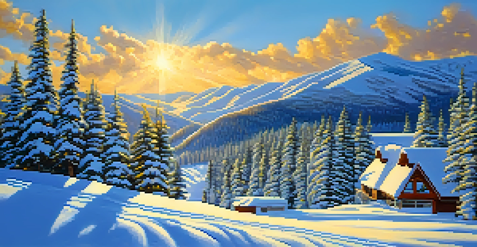 A winter scene at a Colorado ski resort with skiers on snowy slopes, surrounded by trees and a bright blue sky.