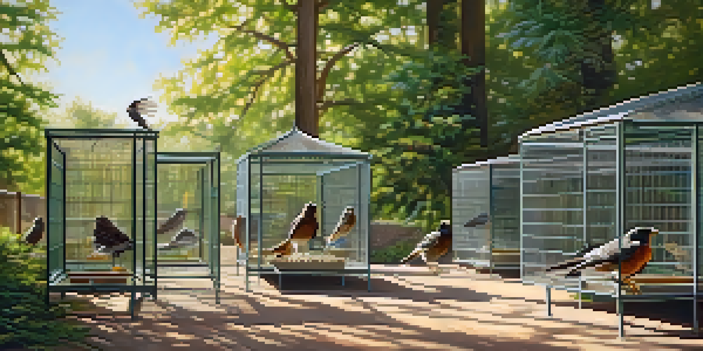 A wildlife rehabilitation center with birds in flight cages, caretakers caring for them, and sunlight filtering through the trees.