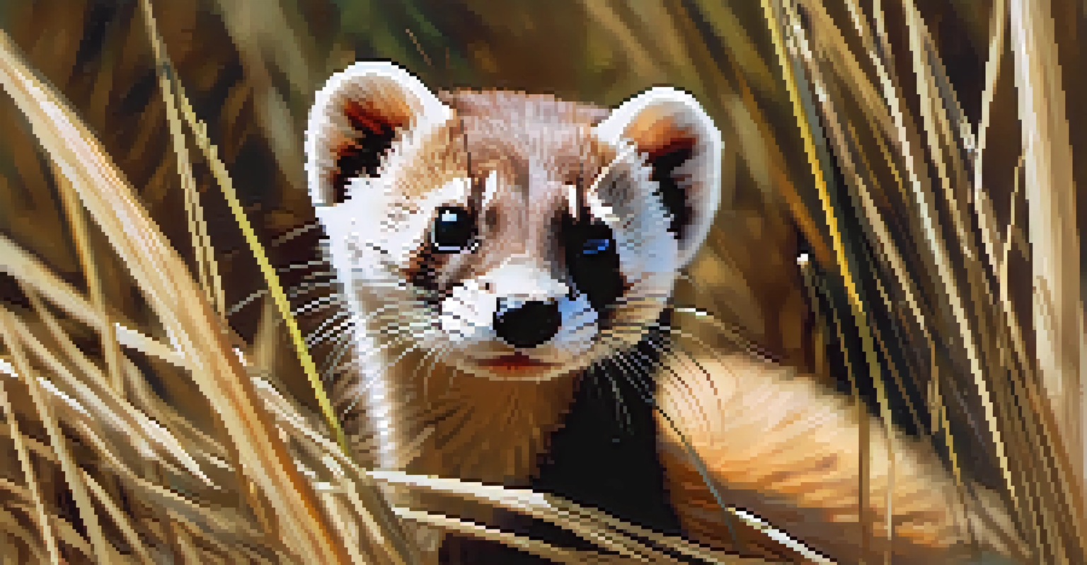 A close-up of a black-footed ferret in tall grass, illuminated by soft sunlight.