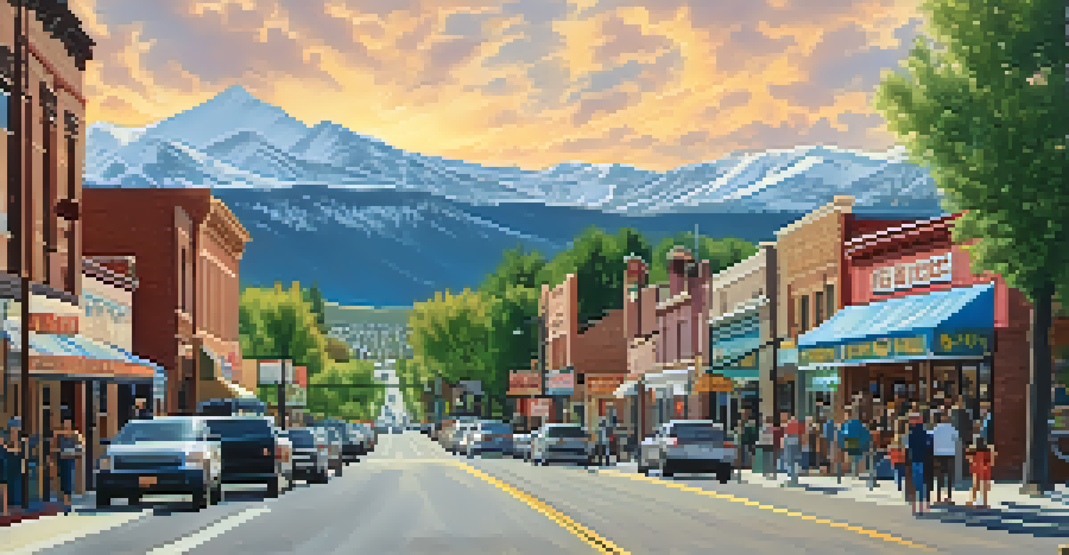 A charming Colorado town with local businesses, colorful murals, and a lively street scene with mountains in the background.