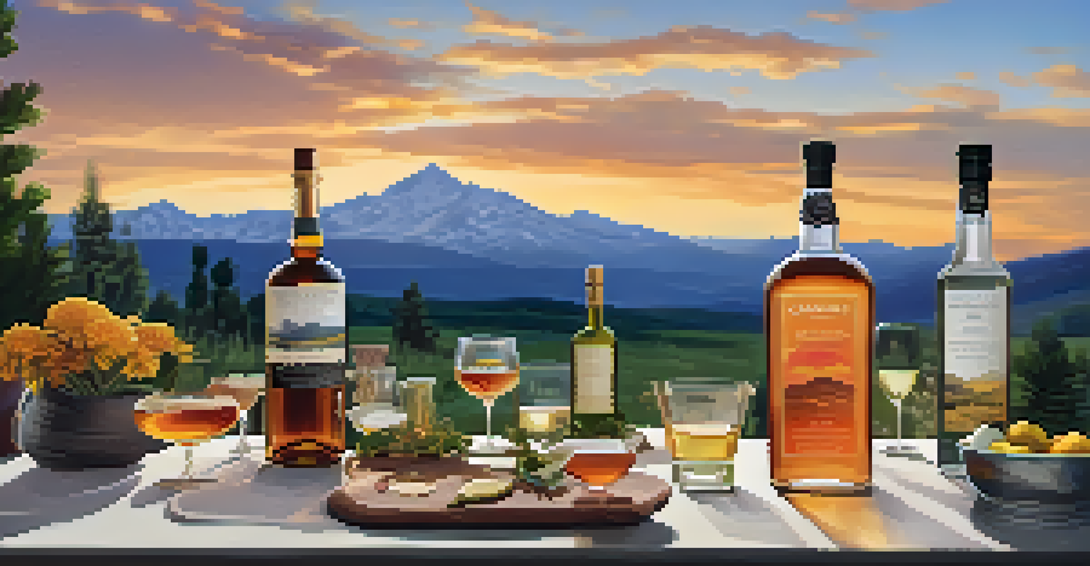 Outdoor tasting setup with artisanal spirits and local botanicals, framed by Colorado's mountainous landscape at sunset.