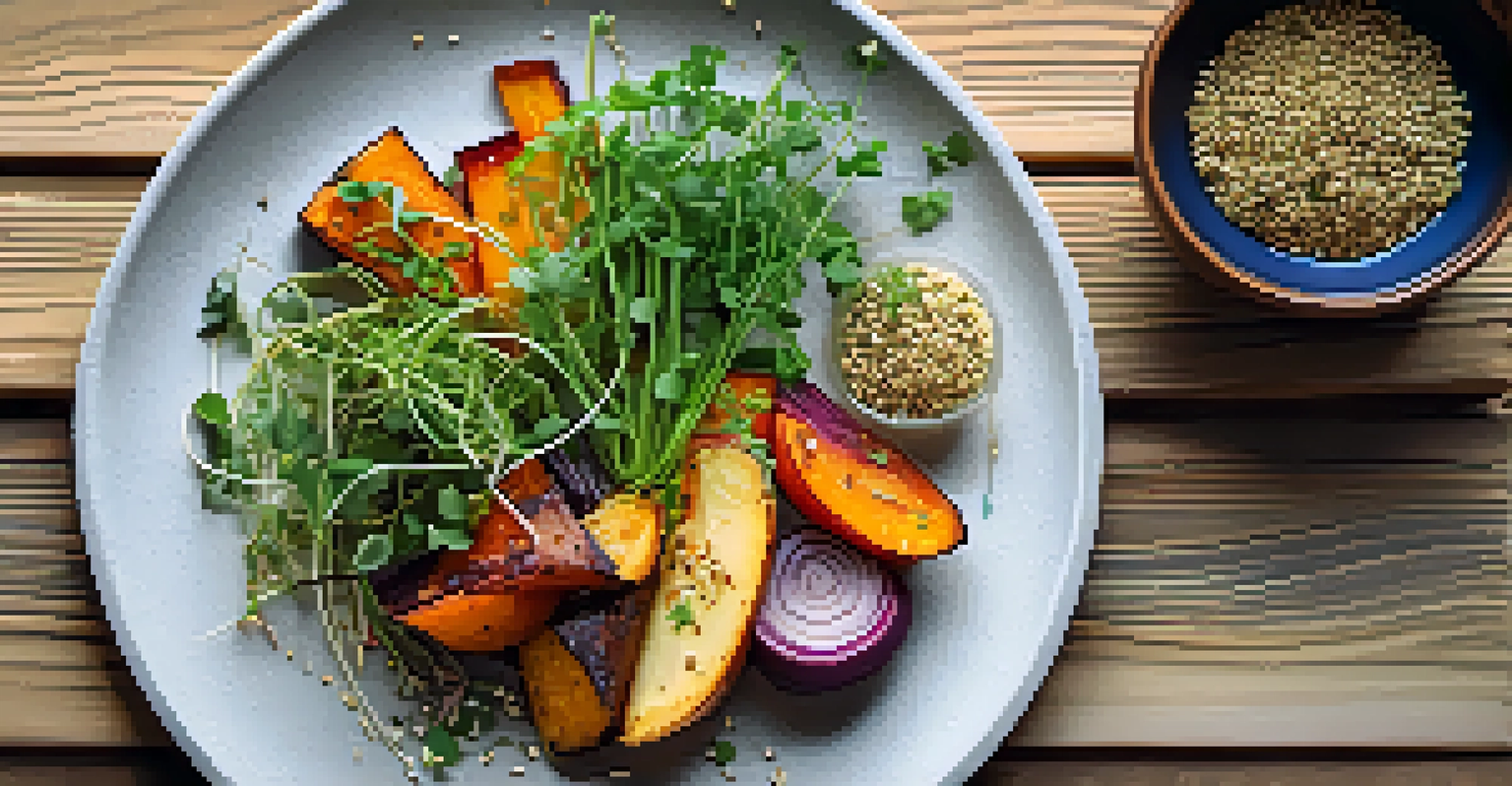 A plant-based meal on a rustic wooden table, featuring roasted root vegetables with hemp seeds and microgreens, illuminated by natural light.
