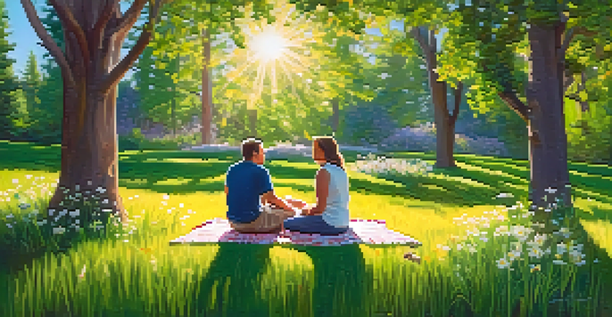 A therapist and a client having a session on a picnic blanket in a green park, surrounded by wildflowers and tall trees under sunlight.