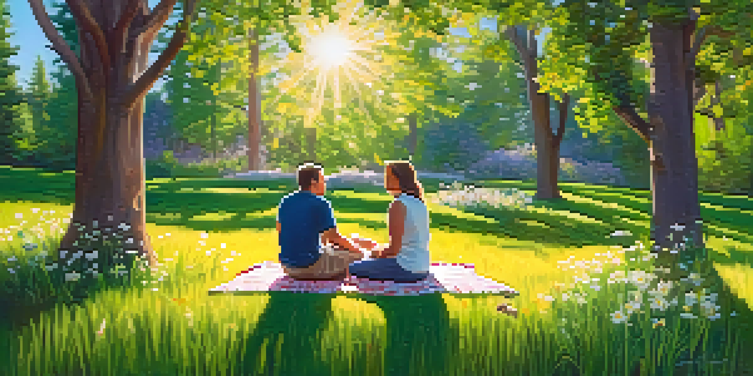 A therapist and a client having a session on a picnic blanket in a green park, surrounded by wildflowers and tall trees under sunlight.