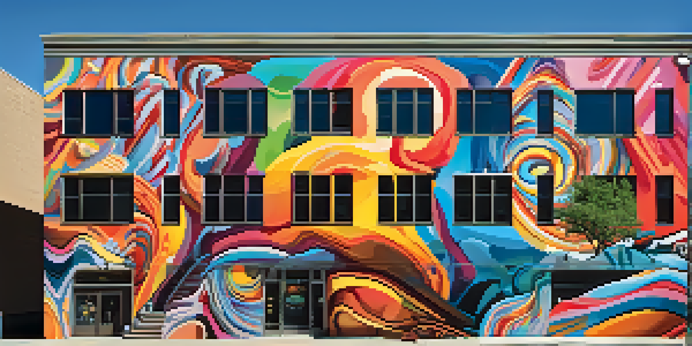 A colorful street art mural in Denver with people walking by and trees along the street.