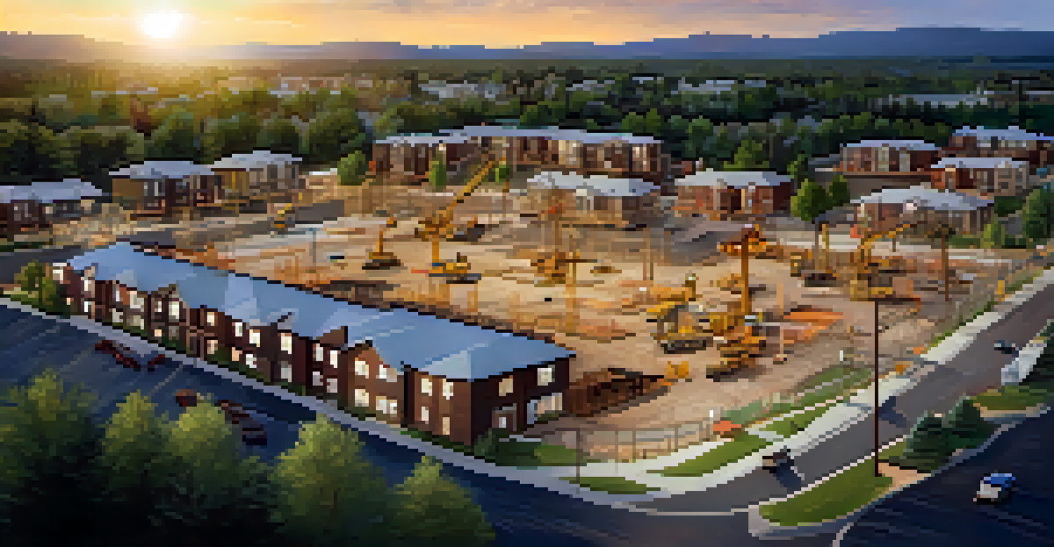 An aerial view of a construction site in Colorado, featuring cranes and workers, with trees and residential neighborhoods surrounding the area at sunset.