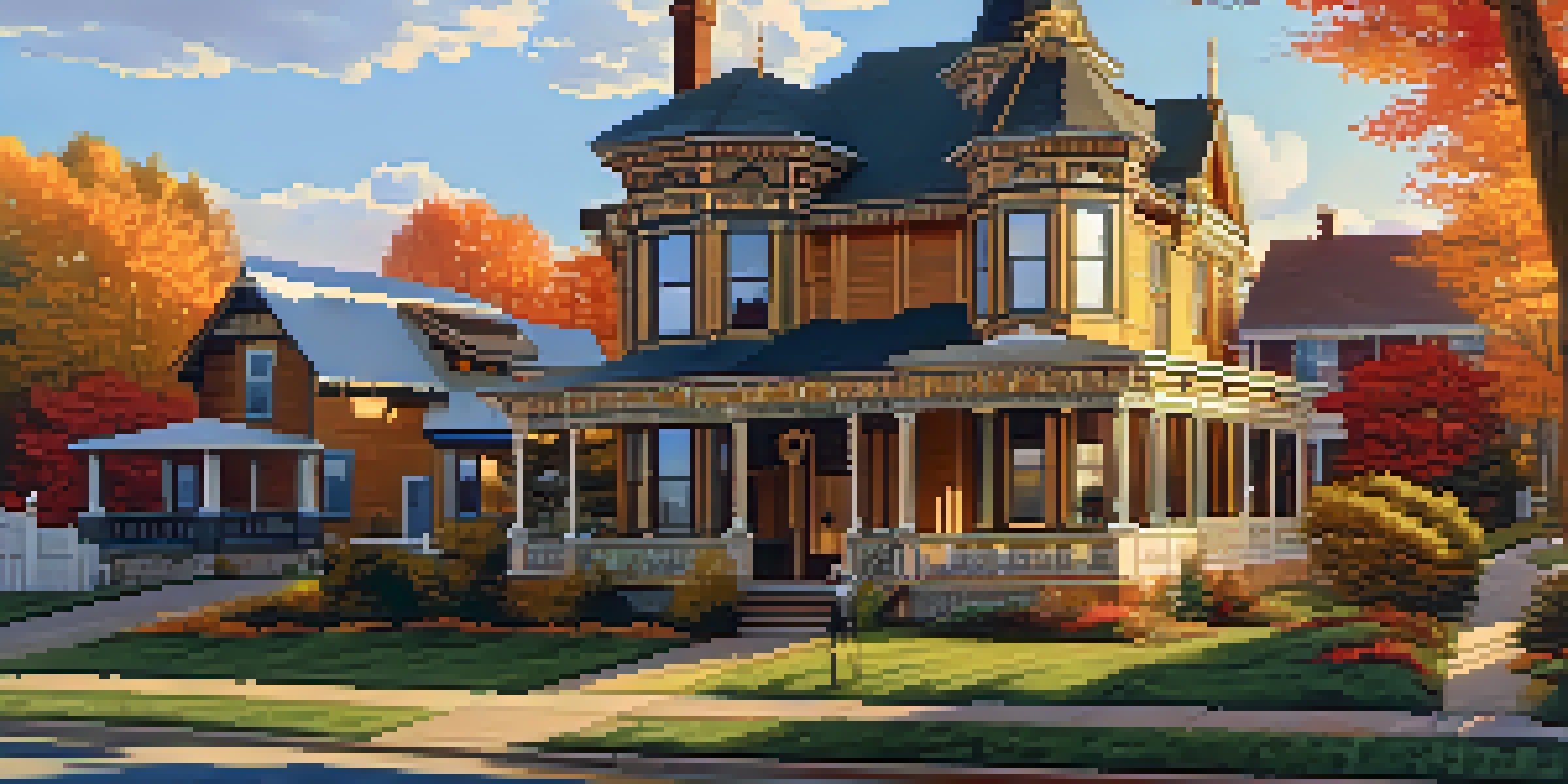A restored Victorian house in Colorado with autumn colors and community members gardening.