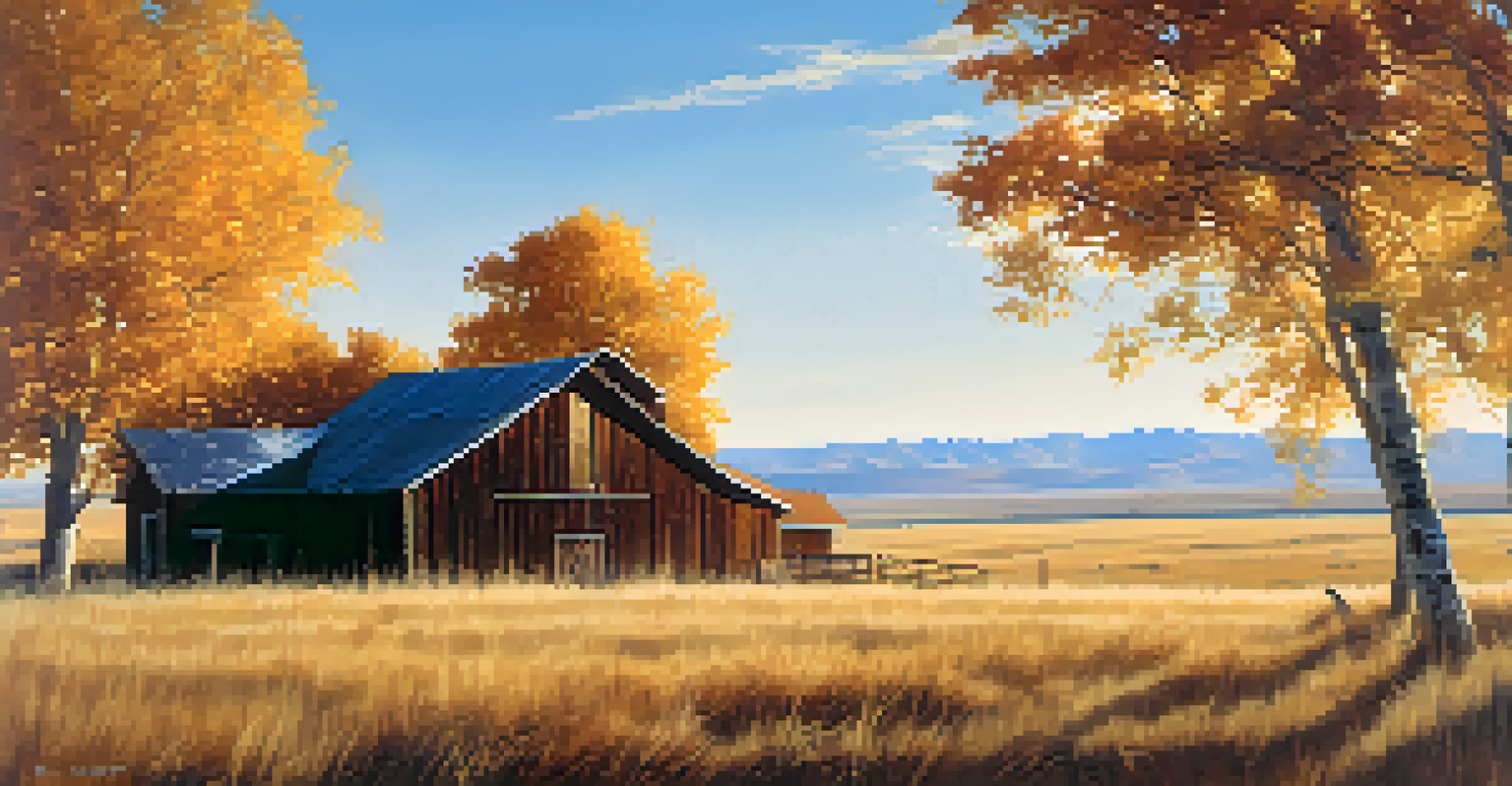 A wide view of a Colorado plain in autumn with golden grass and a barn in the distance.