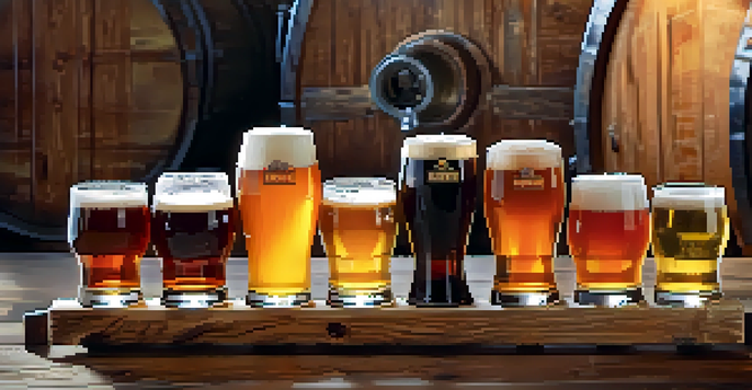 A selection of colorful craft beers in small glasses on a wooden table, with a brewery setting in the background.