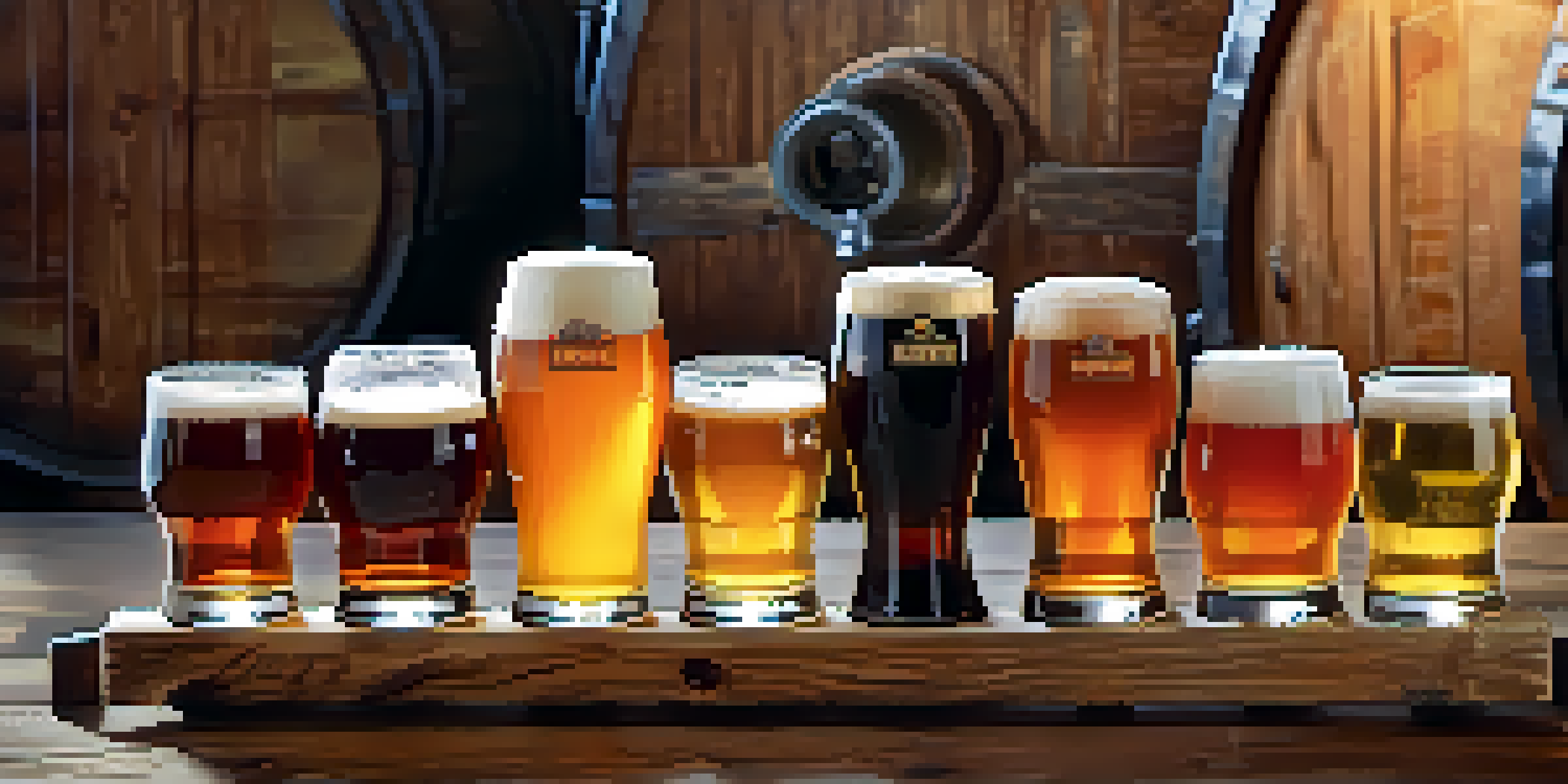 A selection of colorful craft beers in small glasses on a wooden table, with a brewery setting in the background.