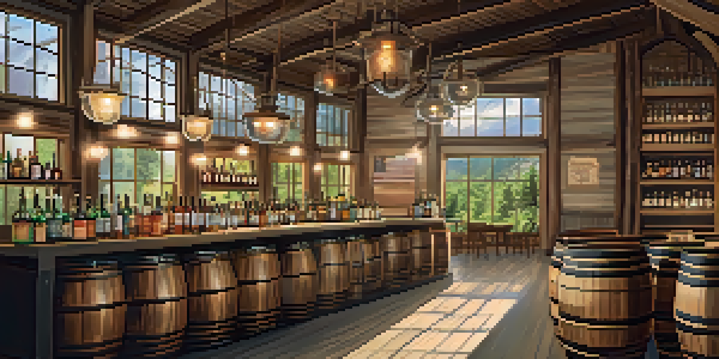 Interior view of a Colorado craft distillery with wooden barrels, sunlight streaming in, and a distiller pouring a drink.