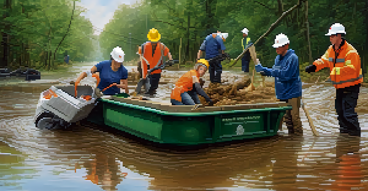 Volunteers clearing debris after a flood, showcasing teamwork and community spirit in action.