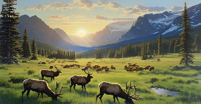 A scenic view of Rocky Mountain National Park in spring, featuring green meadows and elk grazing with mountains in the background.