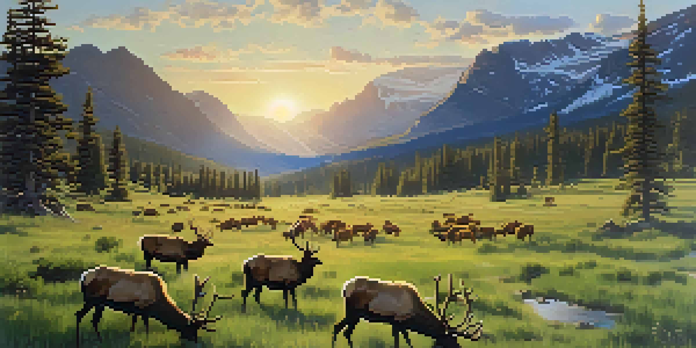 A scenic view of Rocky Mountain National Park in spring, featuring green meadows and elk grazing with mountains in the background.
