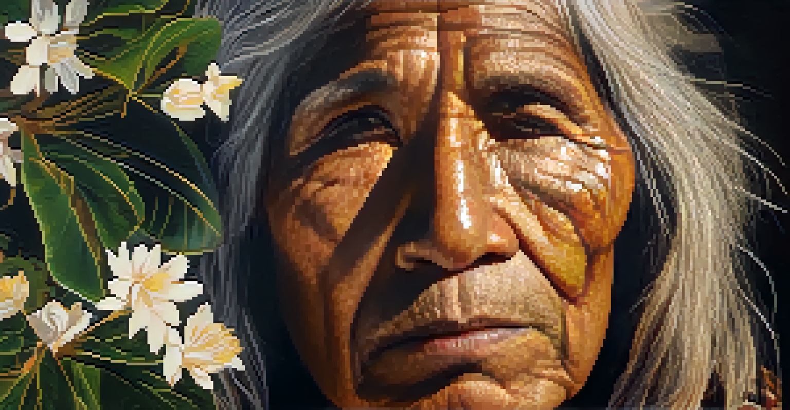 A close-up portrait of an Indigenous elder, highlighting their wise expression and natural surroundings.