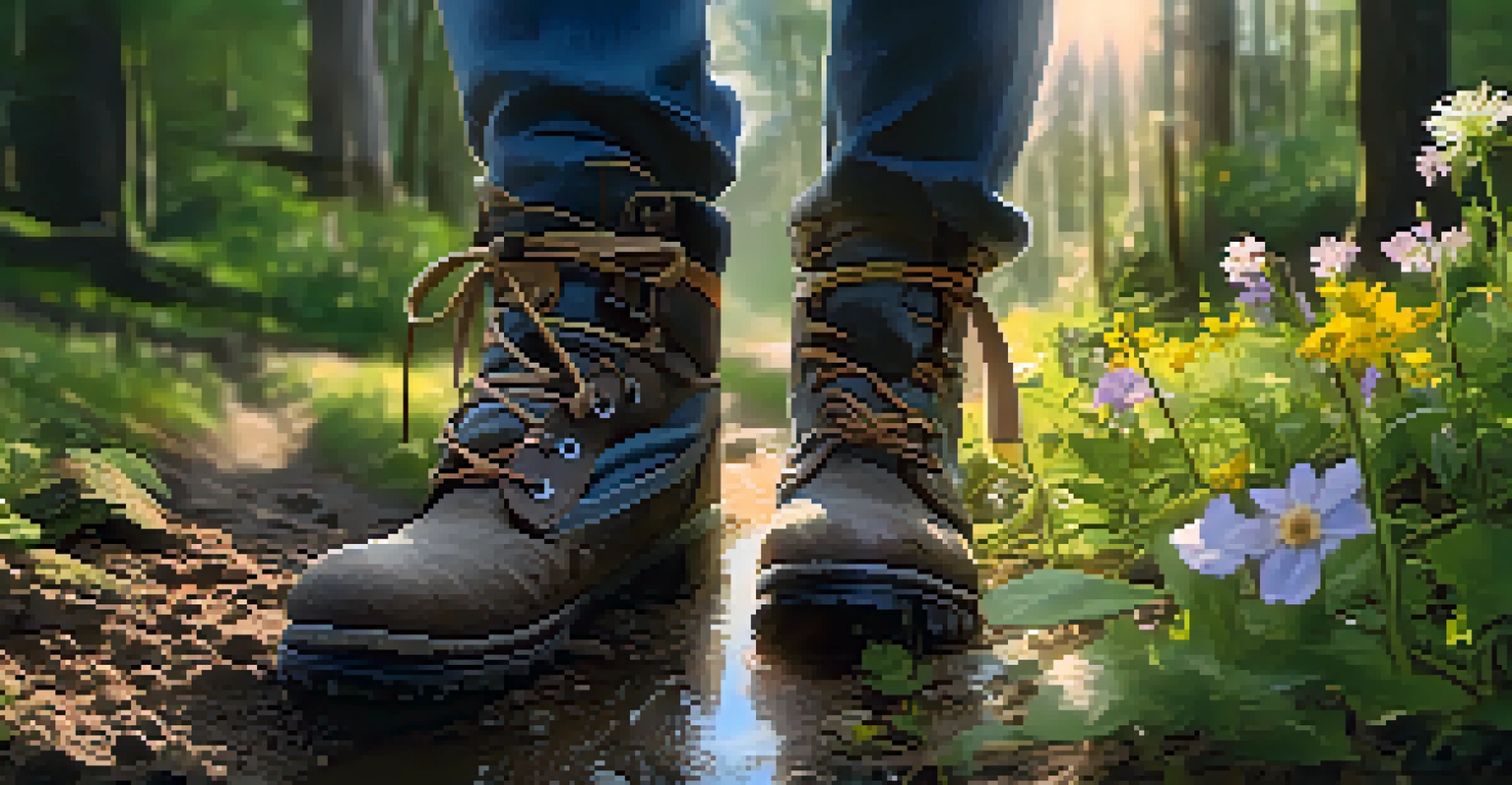 A close-up of hiker's boots on a muddy spring trail adorned with wildflowers.