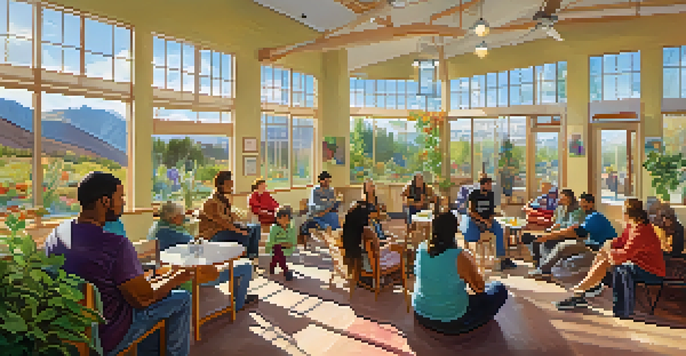 A lively community center in Colorado with people engaged in a group therapy session, surrounded by colorful decor and warm sunlight.