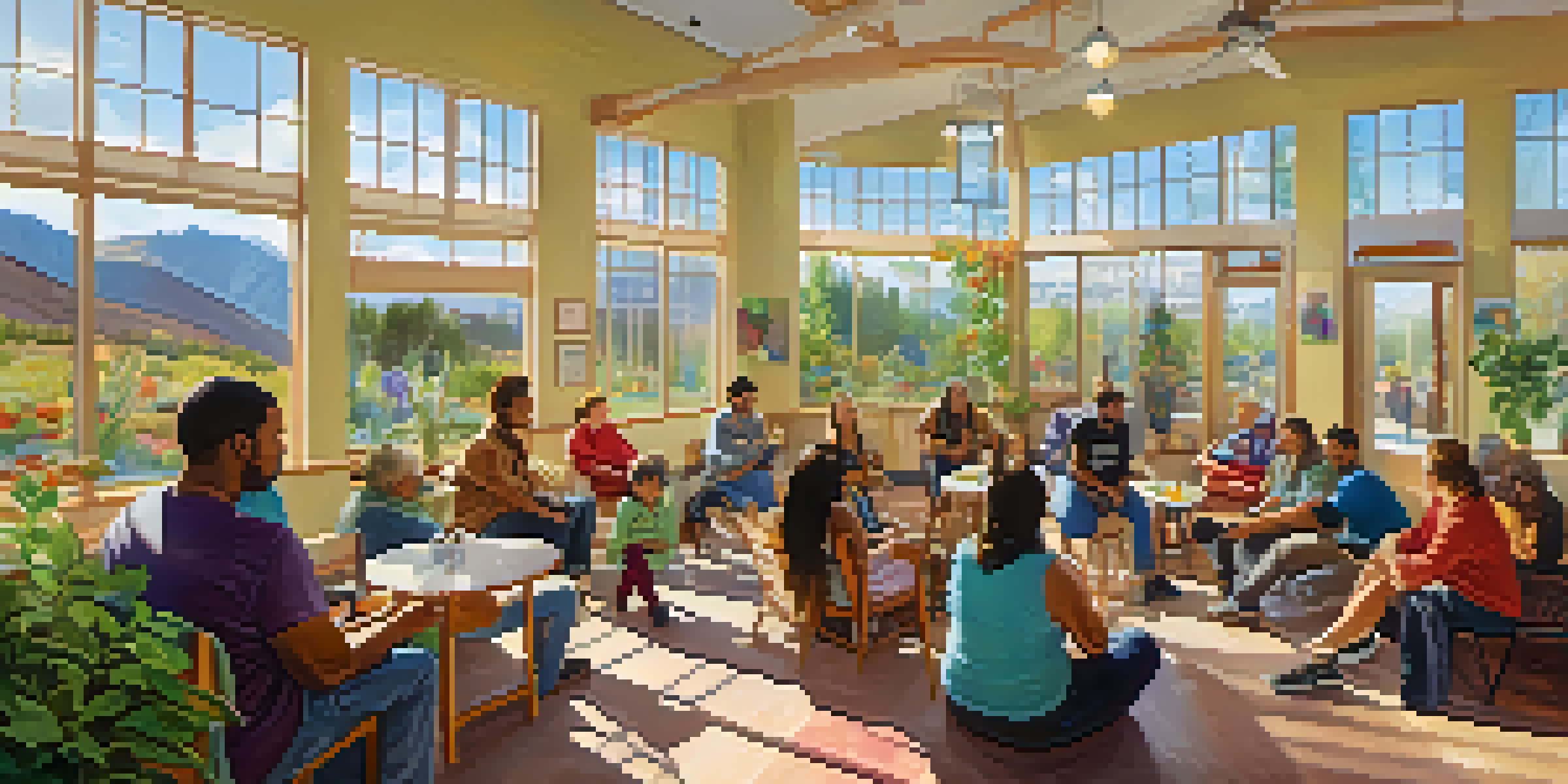 A lively community center in Colorado with people engaged in a group therapy session, surrounded by colorful decor and warm sunlight.