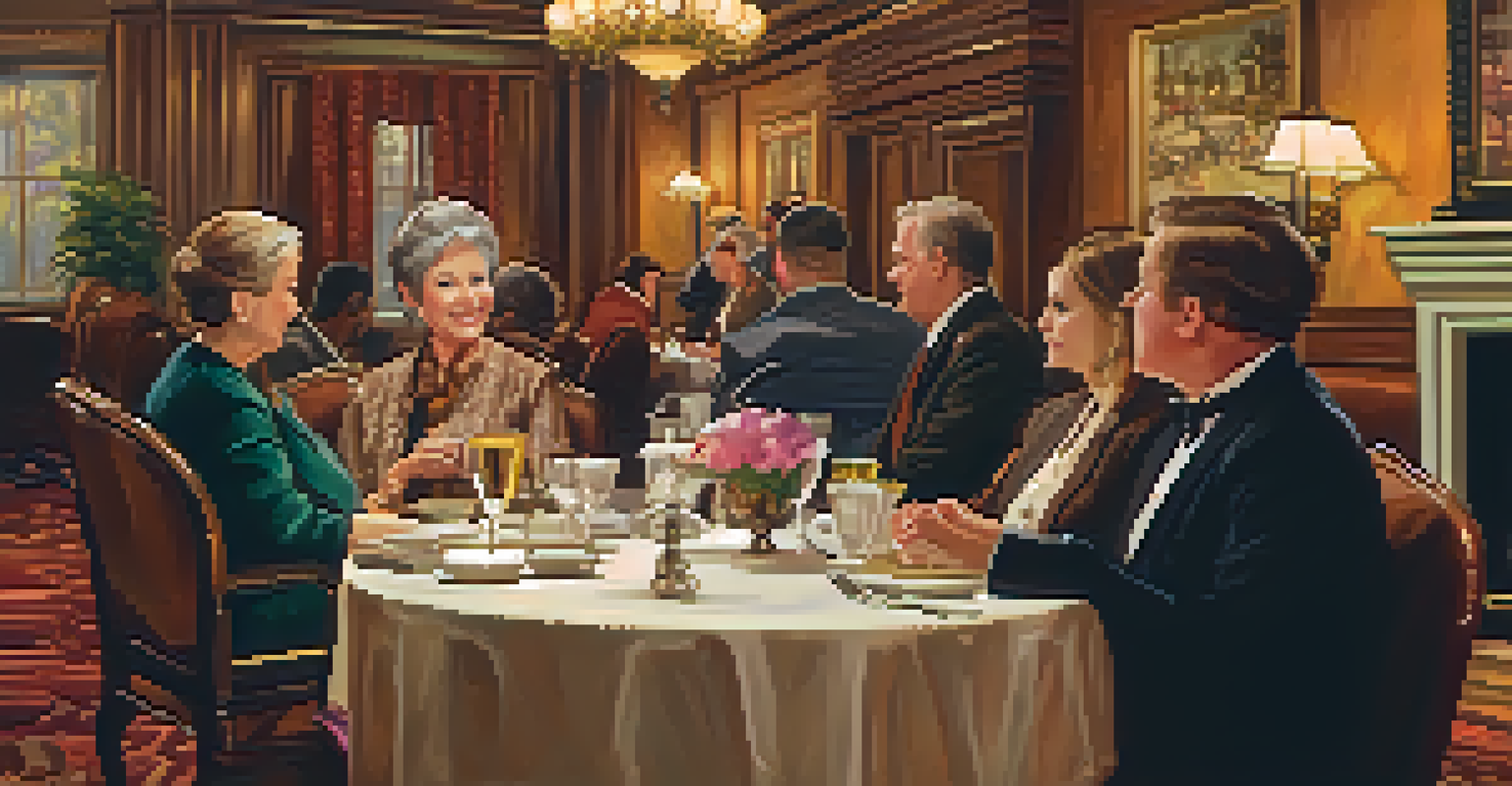 The interior of the Brown Palace Hotel with Margaret Brown at a table discussing philanthropy with community members.