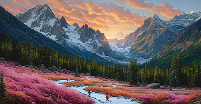 A colorful sunrise over the Rocky Mountains with hikers on a trail, representing an active and community-oriented lifestyle.