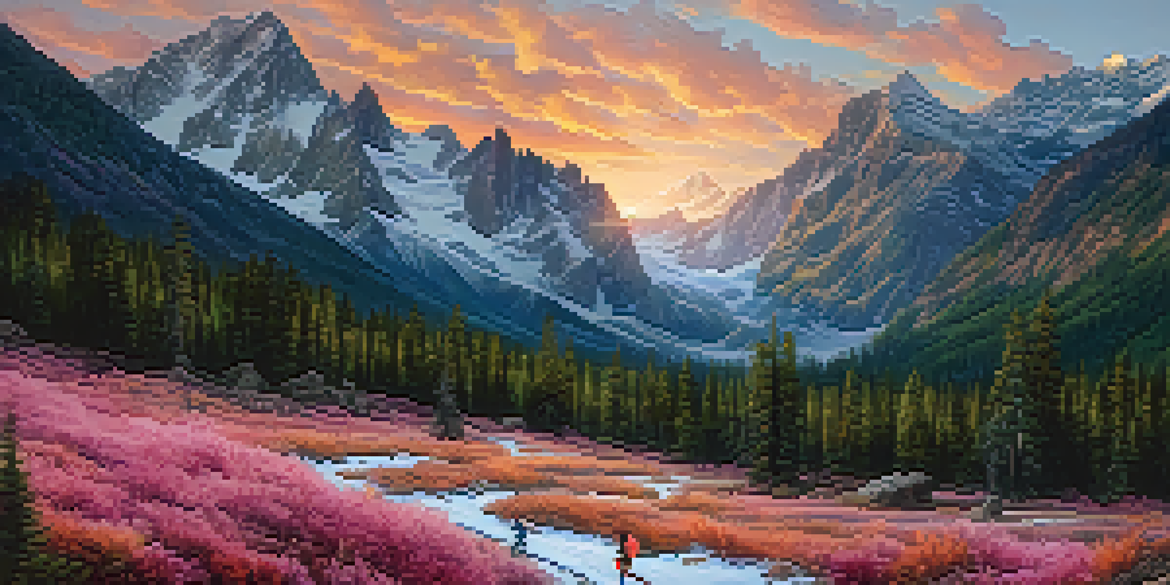 A colorful sunrise over the Rocky Mountains with hikers on a trail, representing an active and community-oriented lifestyle.