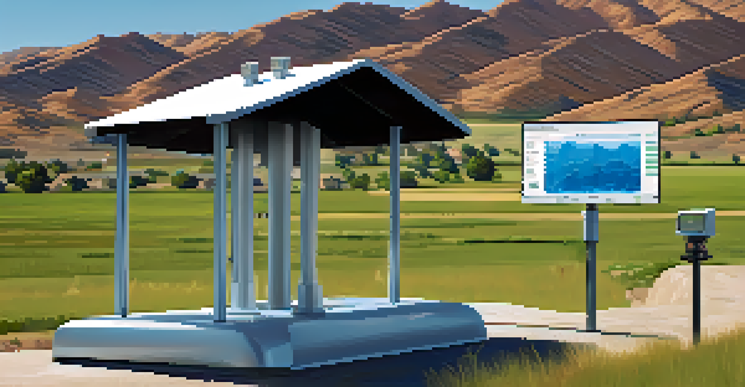 A flood monitoring station with sensors and screens in a Colorado landscape, showcasing advanced technology for flood management.