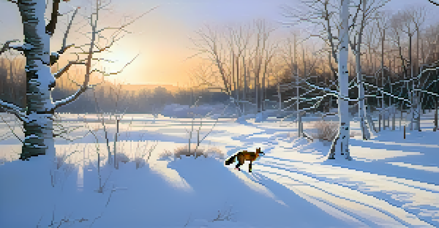 A serene winter landscape in Colorado with snow-covered ground, animal tracks, a fox in the distance, and a chickadee perched on a branch.