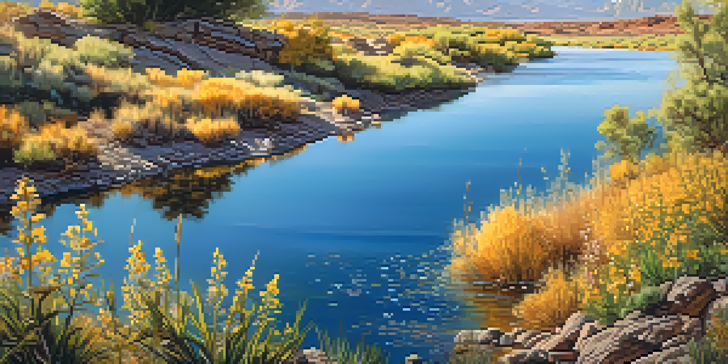A peaceful view of the Colorado River surrounded by colorful wildflowers, with mountains in the background and fish visible in the water.