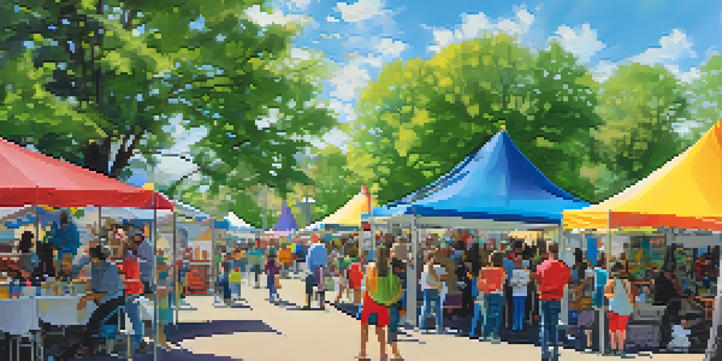 A lively community art festival in a park with local artists, families enjoying activities, and musicians performing under bright sunlight.