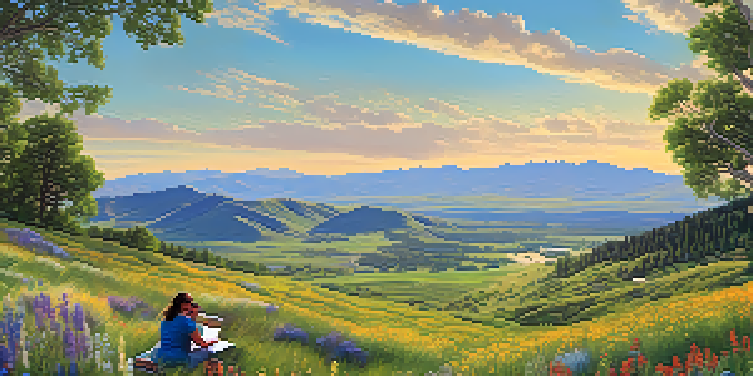 A group of citizen scientists observing birds in a colorful Colorado landscape filled with wildflowers and greenery.