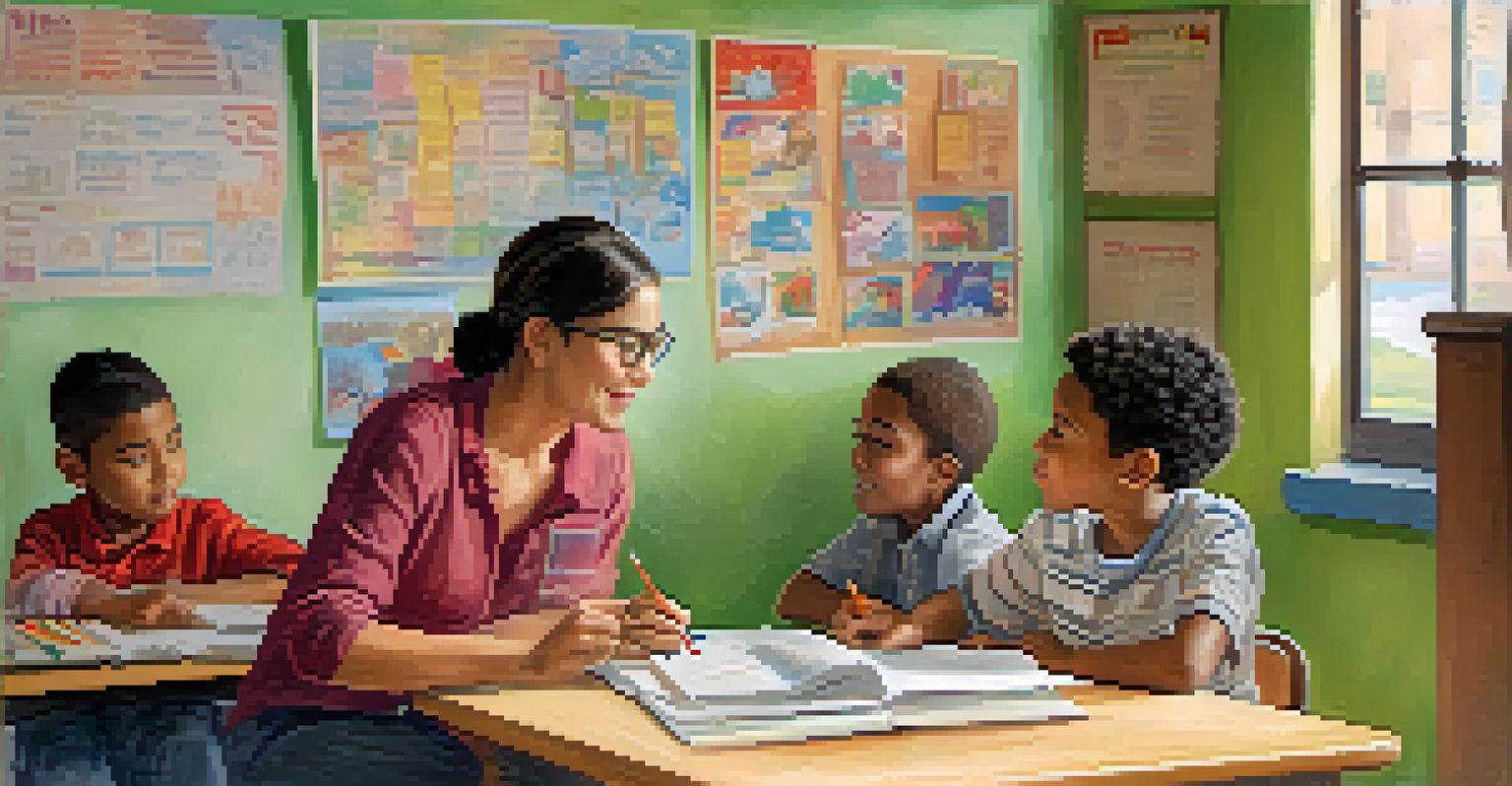 A volunteer tutoring a child in a cozy classroom filled with educational posters and artwork.
