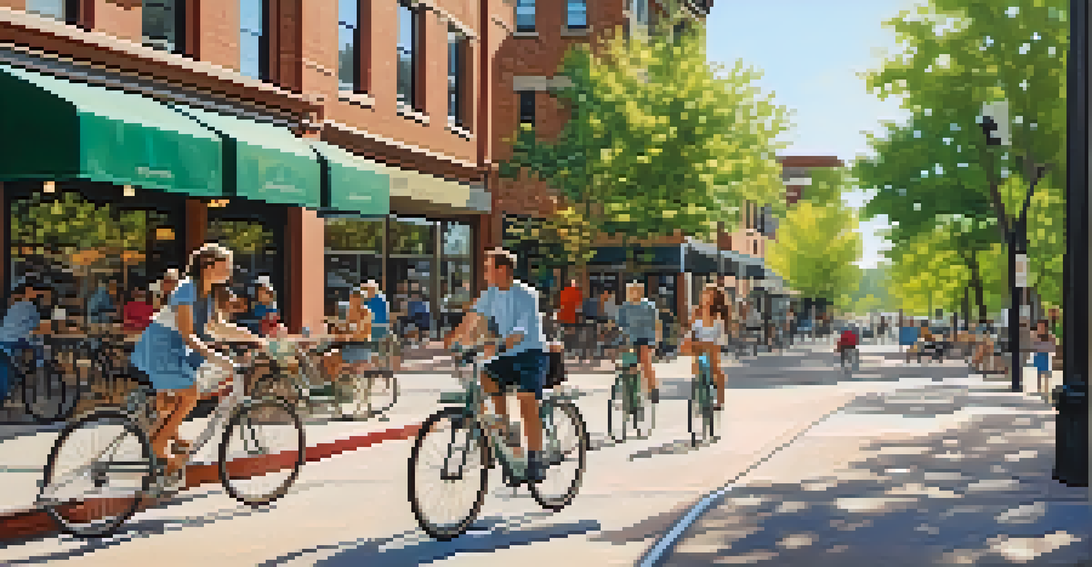 A charming downtown scene in Fort Collins, with green spaces, cyclists, and families enjoying parks, surrounded by unique shops and eateries in warm afternoon light.