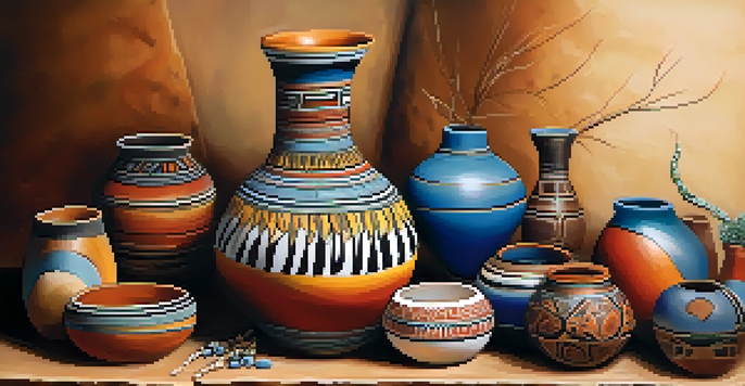 A detailed close-up of Pueblo pottery featuring intricate designs, placed on a wooden table with natural elements.