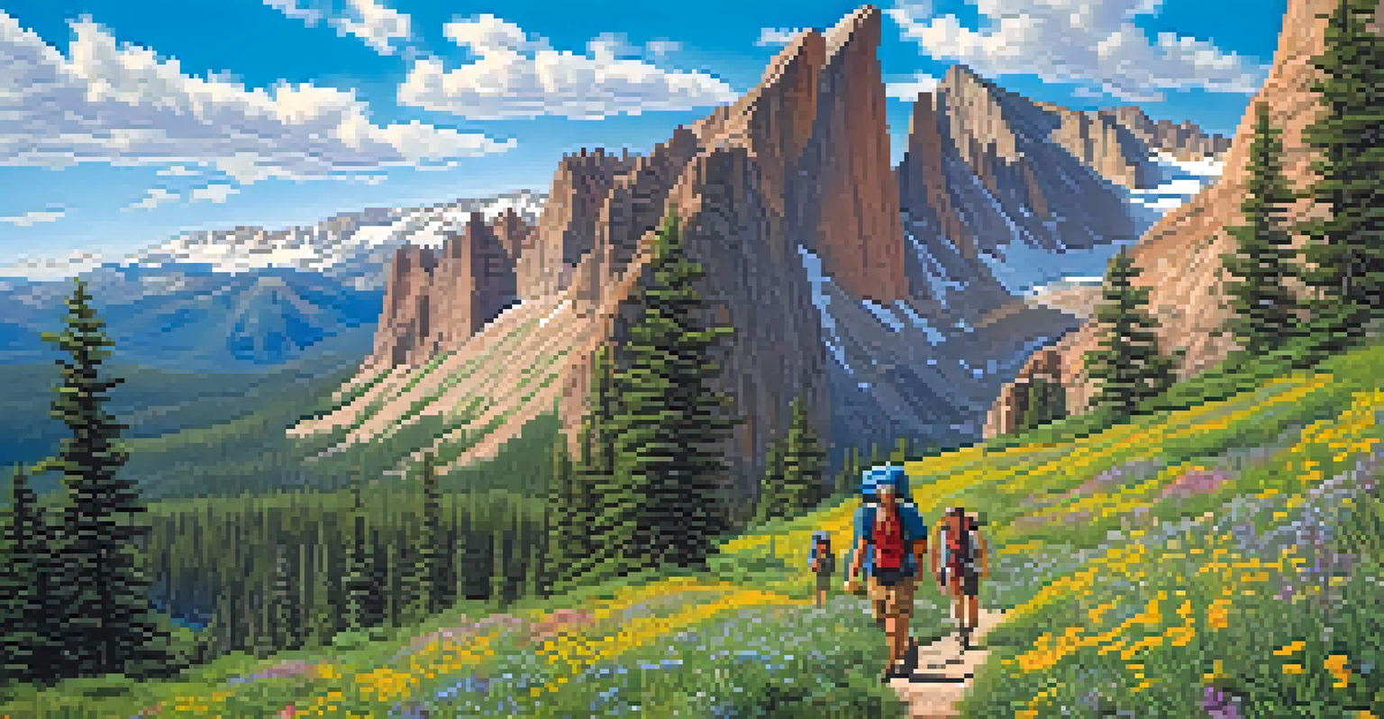 Campers hiking on a mountain trail in Colorado, surrounded by greenery and vibrant flowers, with rock formations in the background.