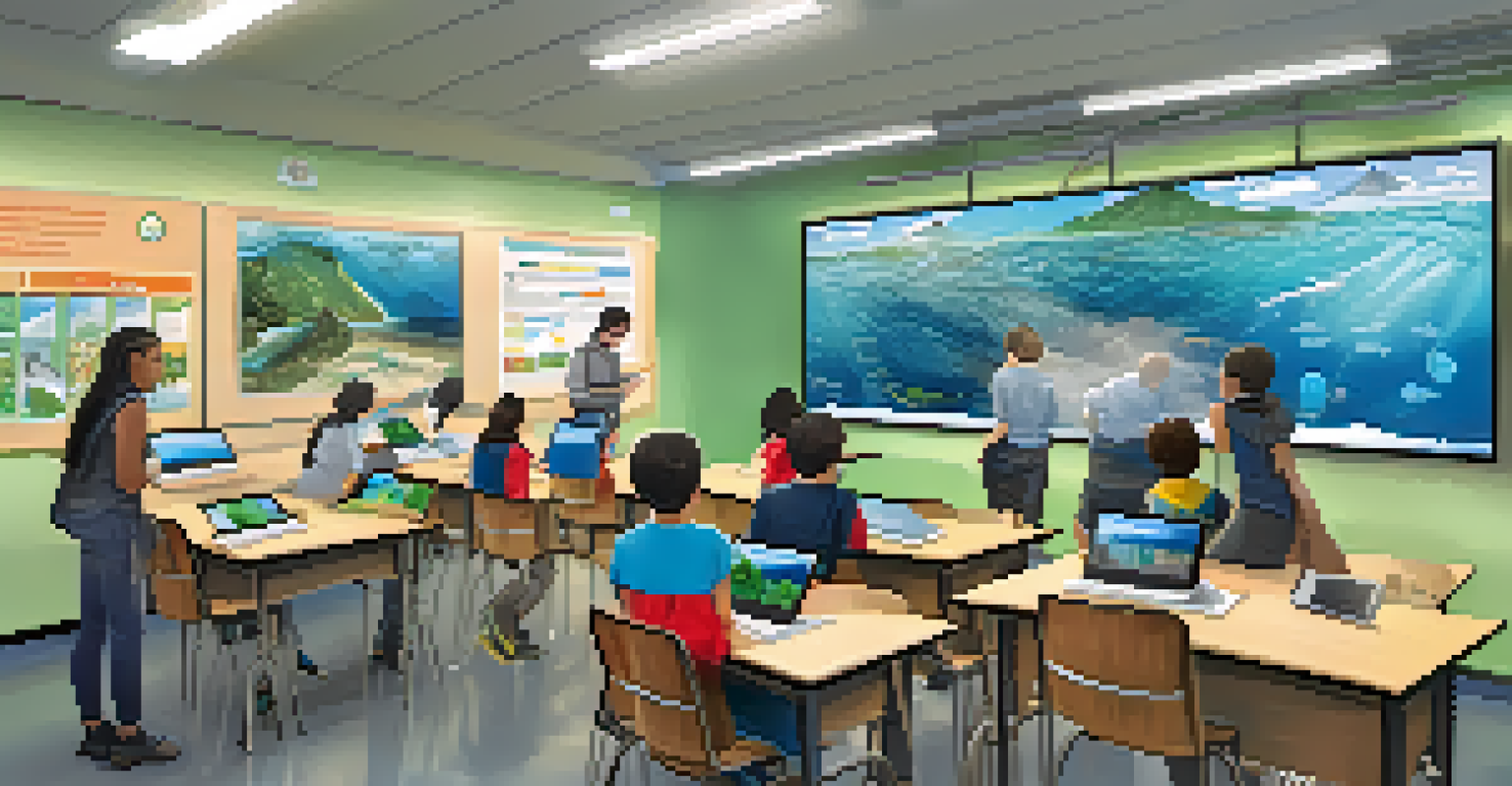 A teacher showing students an interactive climate change simulation on a tablet in a bright classroom filled with sustainability posters.