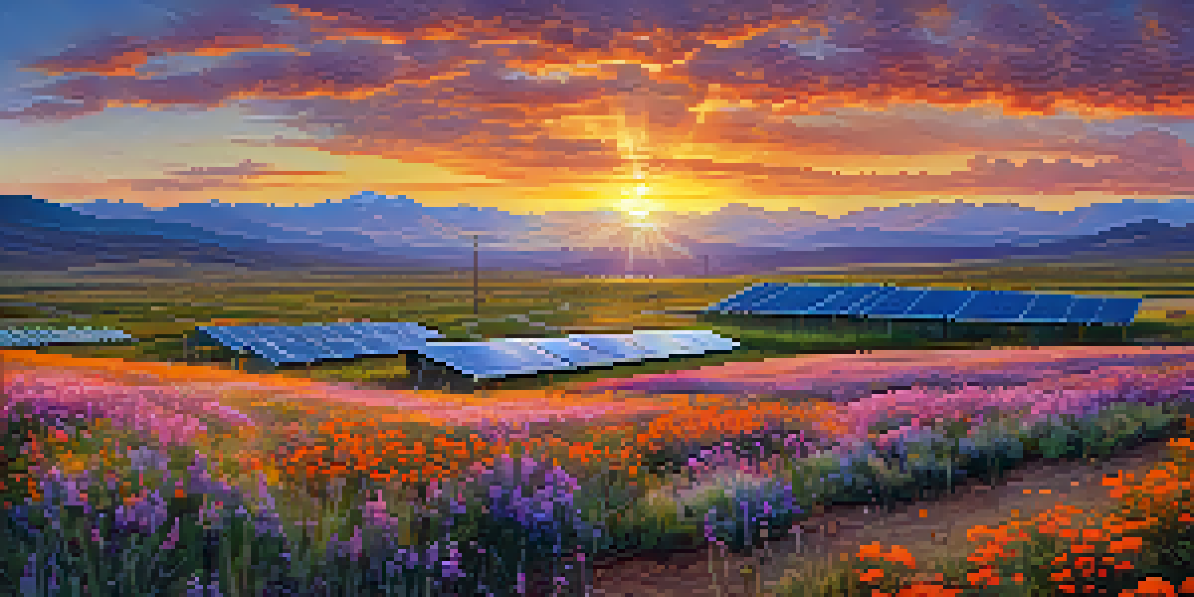 A wide view of a solar farm in Colorado at sunset, with blooming wildflowers in the foreground and mountains in the background.