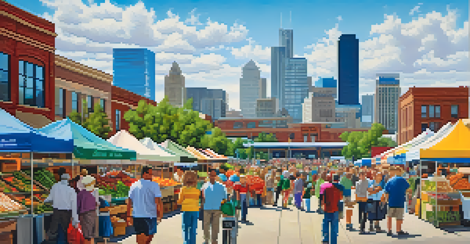 A busy urban market scene in Denver, Colorado with modern buildings and people.
