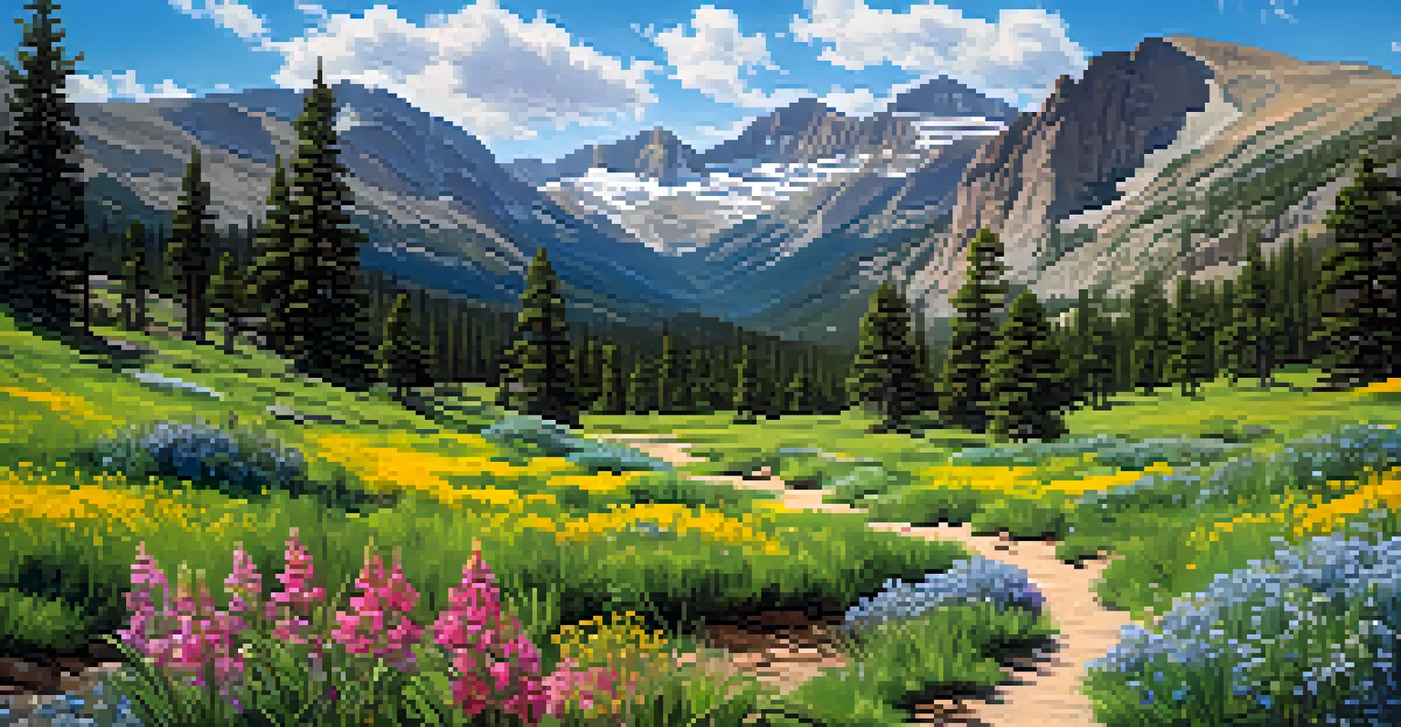 Hikers on a trail surrounded by blooming wildflowers and mountains in Rocky Mountain National Park during spring.