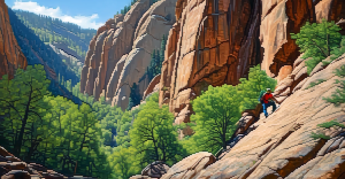 A climber ascending a sandstone cliff in Eldorado Canyon, Colorado, surrounded by lush trees and a clear blue sky.