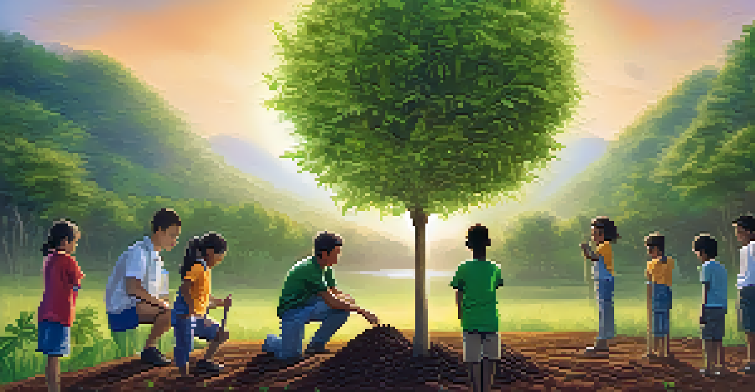 A conservationist planting a tree with children watching, surrounded by nature and a sunset in the background.