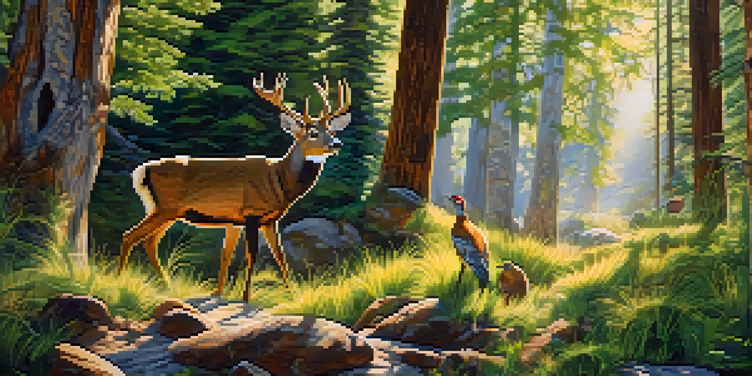 A colorful mural showcasing local wildlife in a forest, with sunlight filtering through trees.