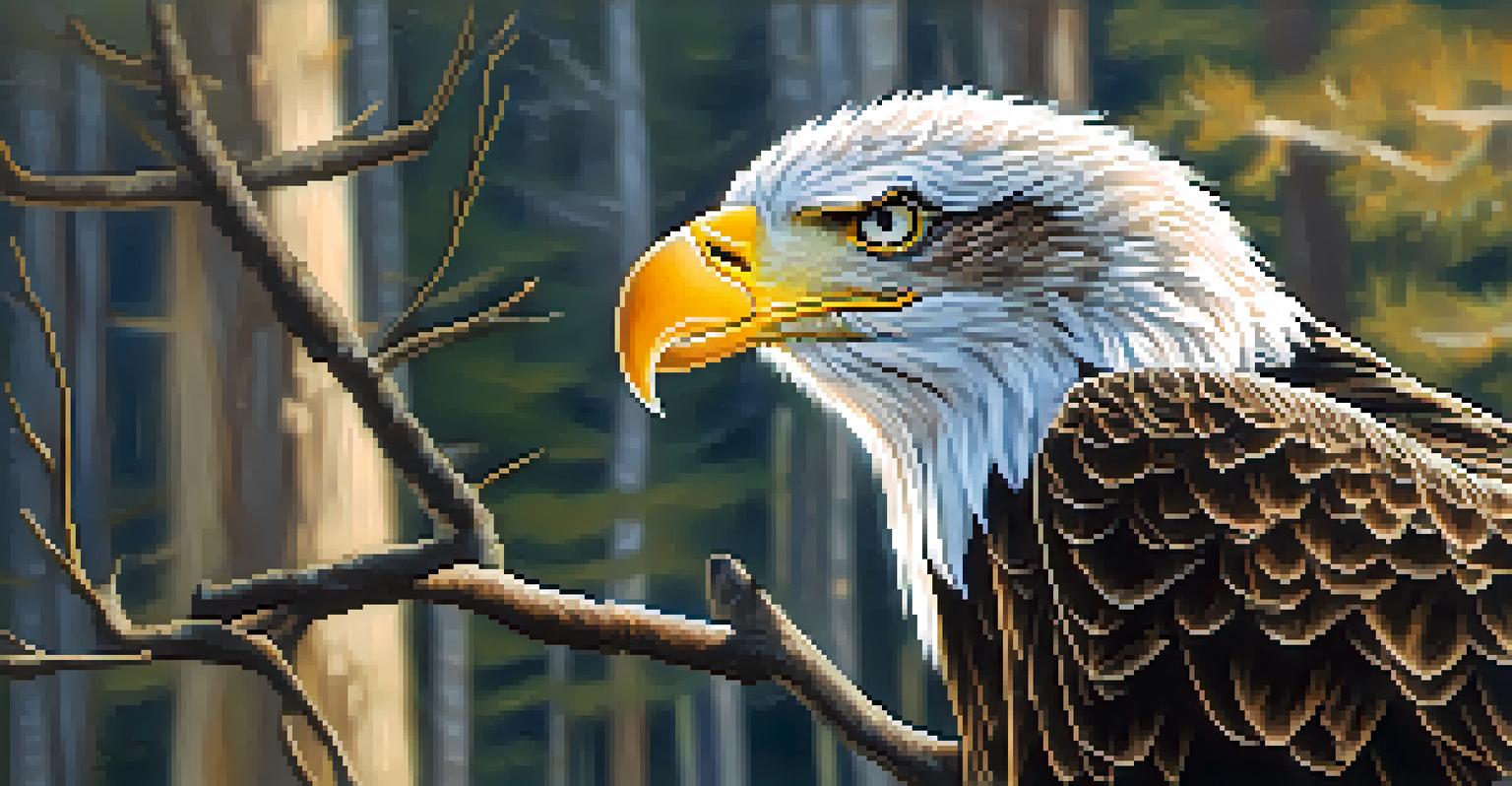 A close-up of a majestic bald eagle perched on a branch, showcasing its detailed feathers and sharp gaze against a blurred forest background.