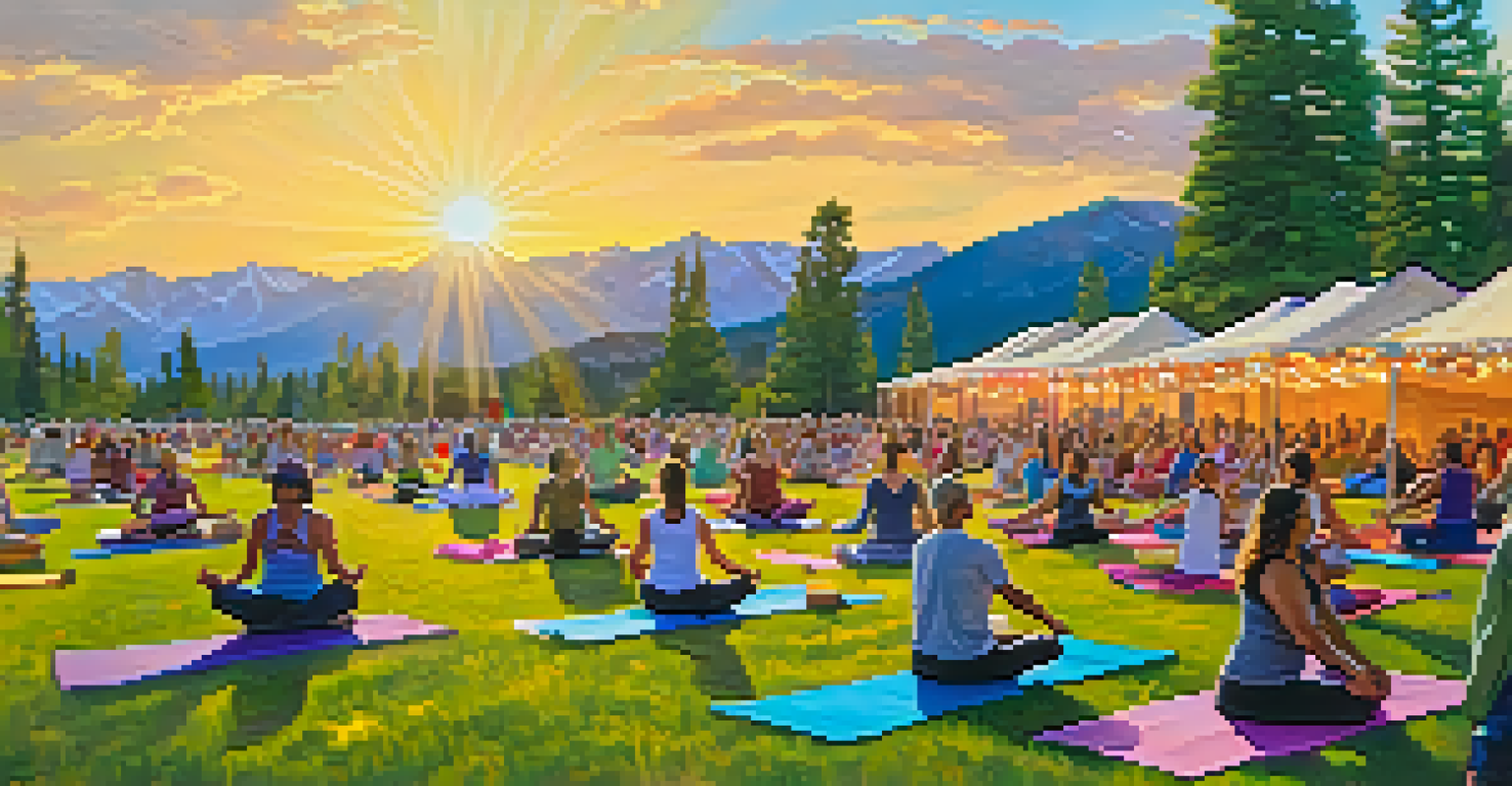 Outdoor yoga festival with instructors leading a large group of participants on a grassy field, colorful banners and food stalls nearby under a sunset sky.