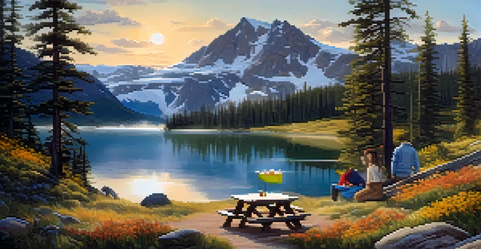 A peaceful campsite by a lake in Colorado with a cozy tent and snow-capped mountains in the background, as a family enjoys breakfast.